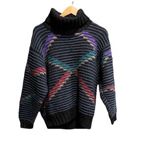 Hand Knitted in England for Artwork Multicolor Wool Turtleneck Womens Sweater NS